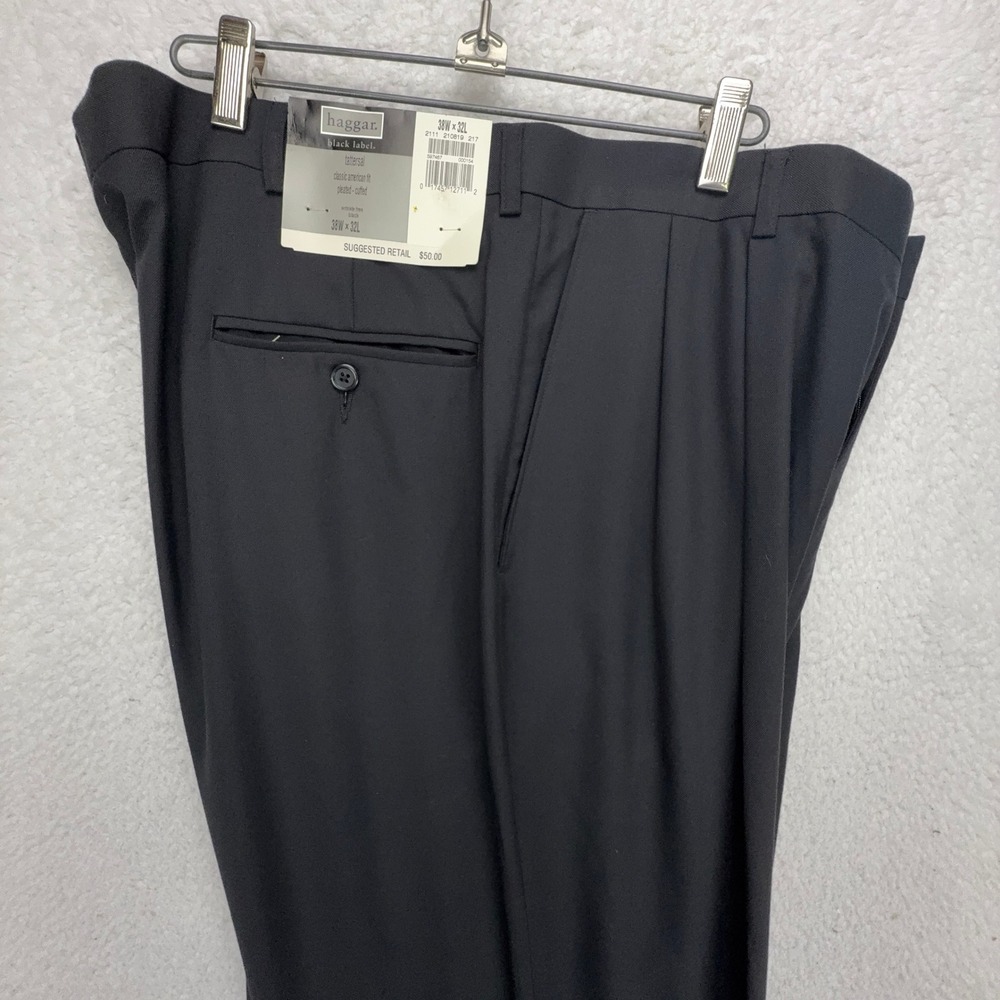 Haggar Black Label Tattersall Pleated Cuffed Dress Pants Mens 38x32 Black New